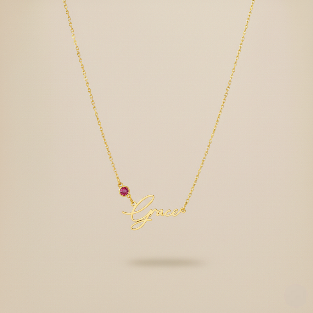 Personalised Name Necklace & Cubic Zirconia Birthstone