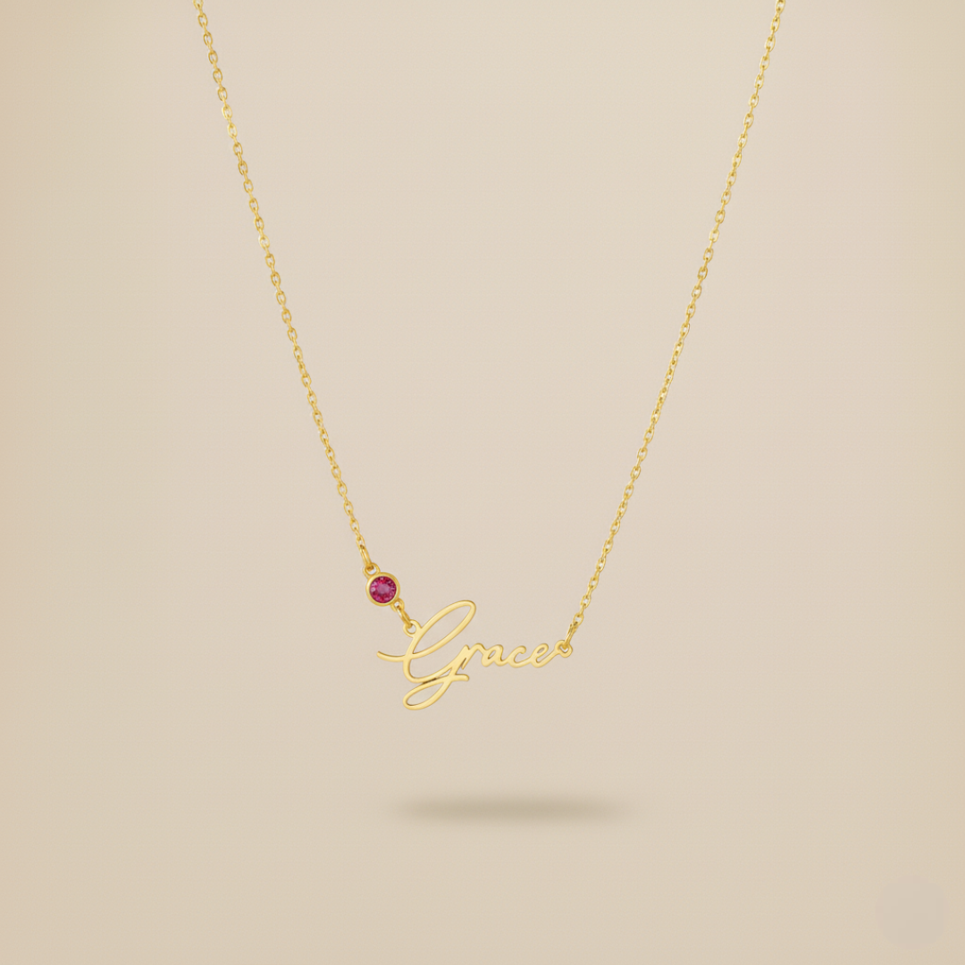 Personalised Name Necklace & Cubic Zirconia Birthstone
