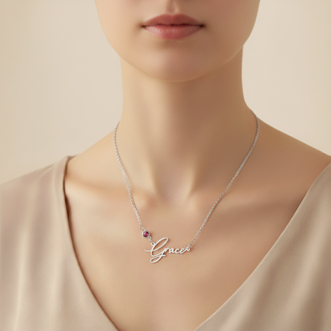 Personalised Name Necklace & Cubic Zirconia Birthstone