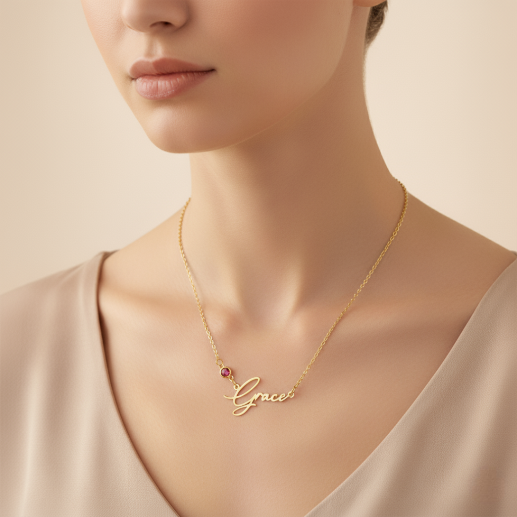 Personalised Name Necklace & Cubic Zirconia Birthstone